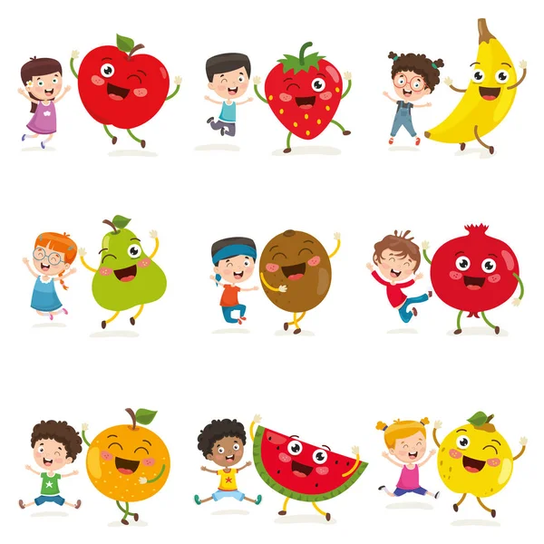 Vector Illustration Kids Fruit Characters — Stock Vector
