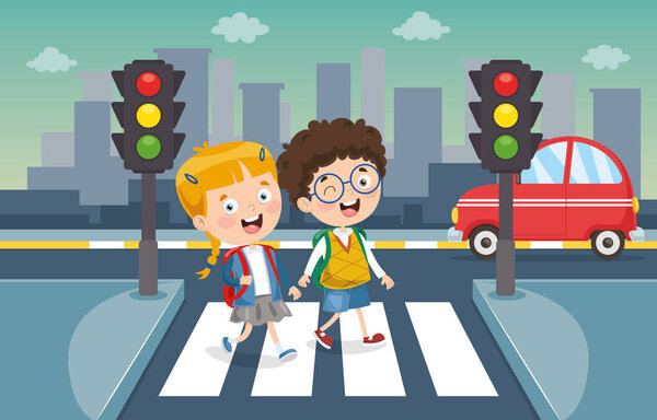 Vector Illustration Of Kids Crossing Traffic