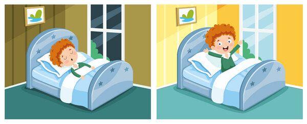 Vector Illustration Of Kid Sleeping And Waking Up