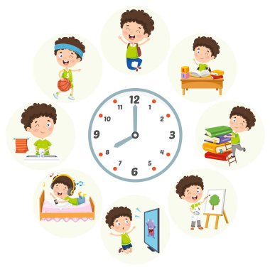 Vektör çizim çocuklar günlük rutin faaliyetleri