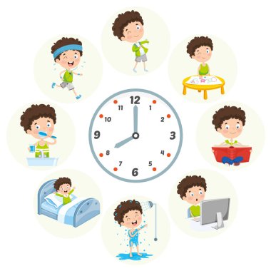 Vektör çizim çocuklar günlük rutin faaliyetleri