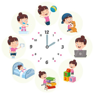 Vektör çizim çocuklar günlük rutin faaliyetleri