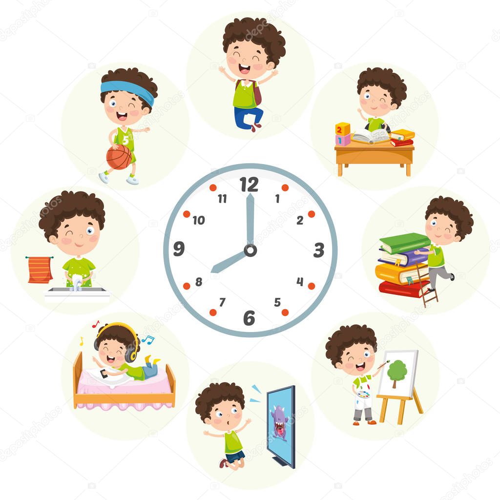 Vector Illustration Of Kids Daily Routine Activities