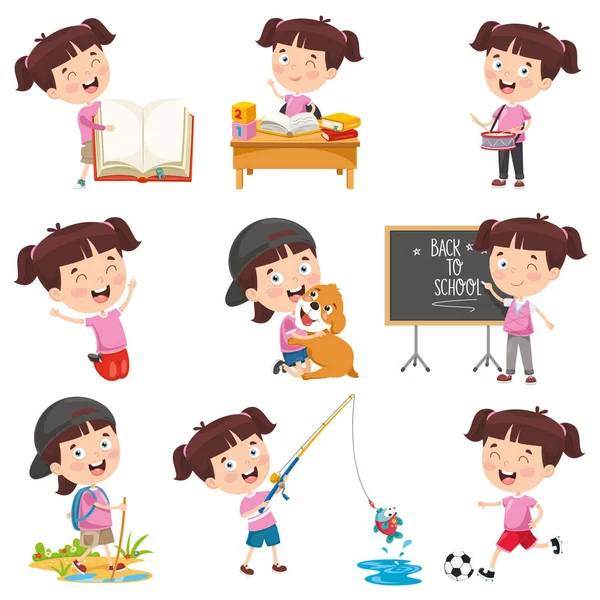 Vector Illustration Cartoon Girl Doing Various Activities — Stock Vector