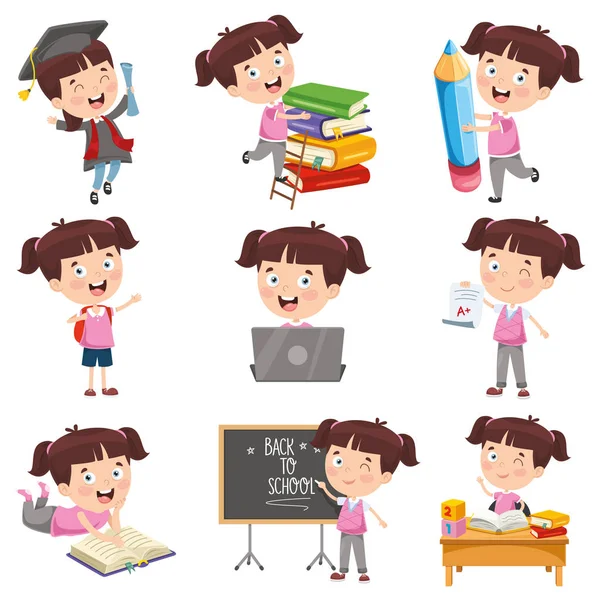 Vector Illustration Cartoon Girl Doing Various Activities — Stock Vector