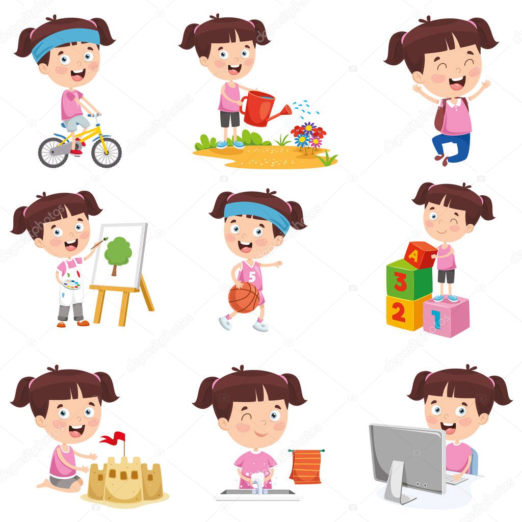 Vector Illustration Of Cartoon Girl Doing Various Activities