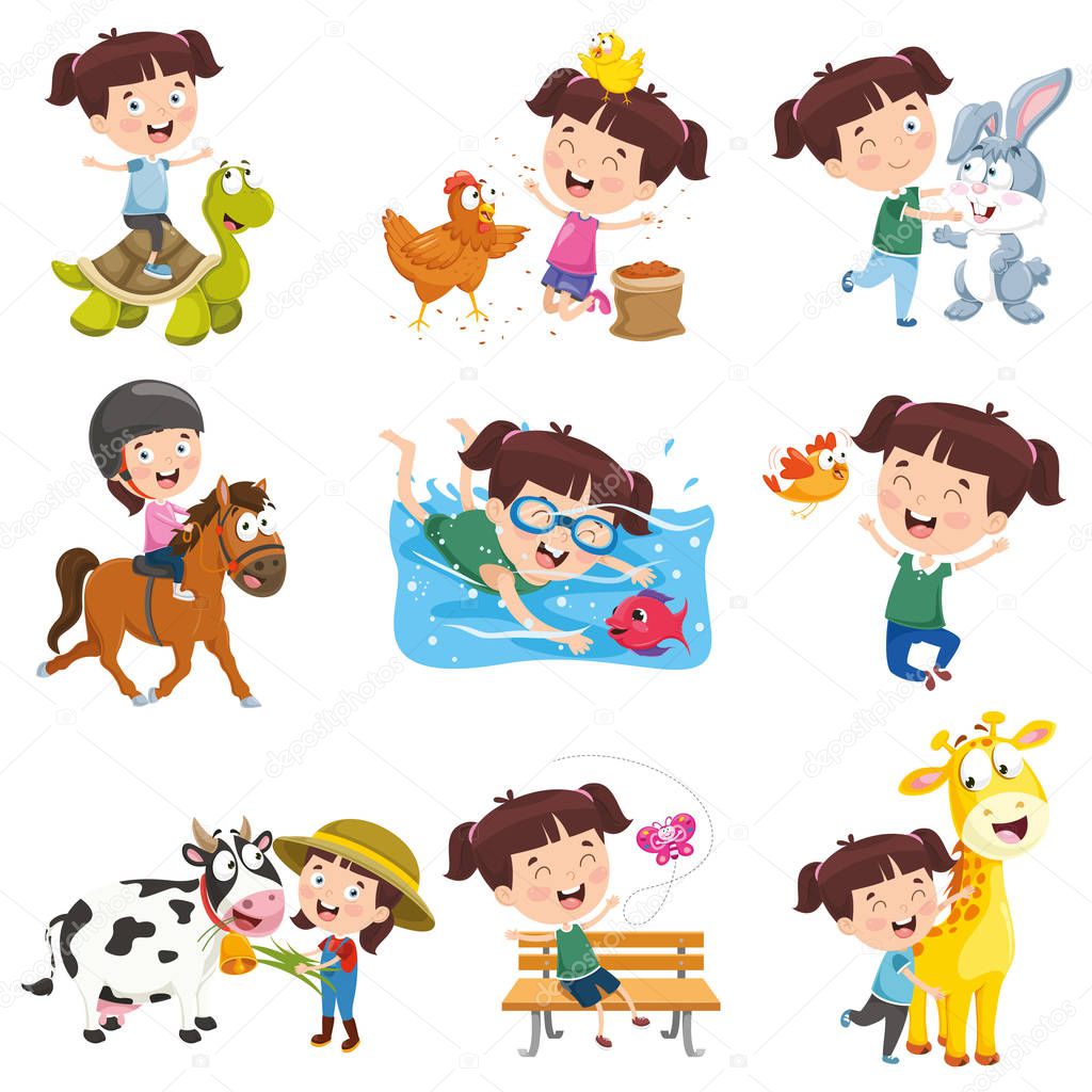 Vector Illustration Of Cartoon Girl Doing Various Activities