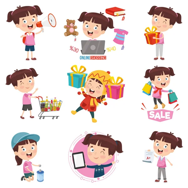 Vector Illustration Cartoon Girl Doing Various Activities — Stock Vector