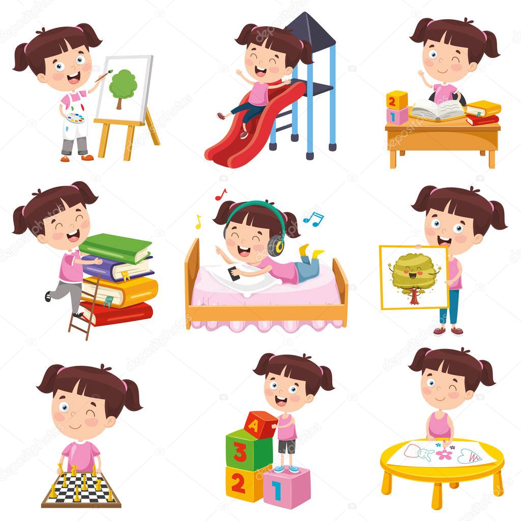 Vector Illustration Of Cartoon Girl Doing Various Activities