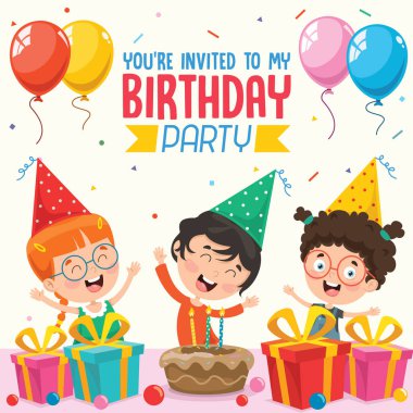 Vektör İllüstrasyon Çocuk Doğum Günü Partisi Davet Kartı Tasarımı