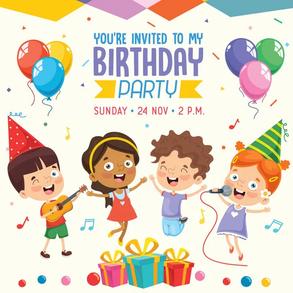 Διανυσματική Απεικόνιση Των Παιδιών Πάρτι Γενεθλίων Πρόσκληση Σχέδιο Κάρτα — Διανυσματικό Αρχείο