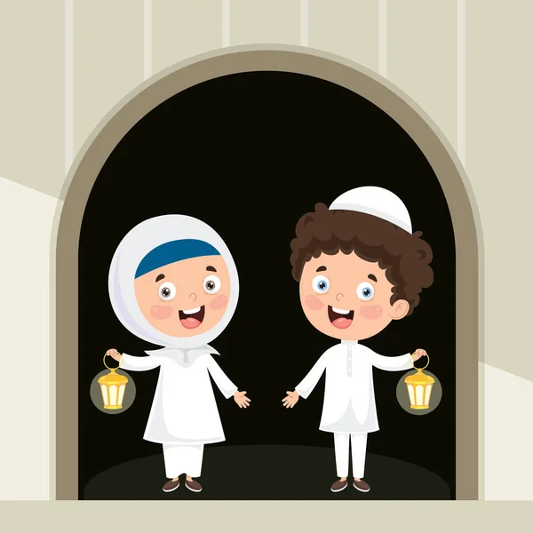 Vector Illusztráció Muzulmán Kids Ünnepli Ramadan — Stock Vector