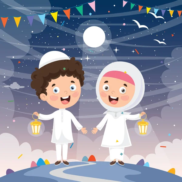 Ilustración Vectorial Niños Musulmanes Celebrando Ramadán — Vector de stock