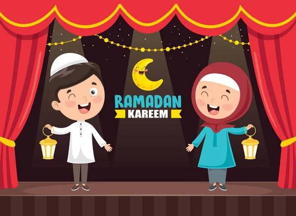 Ilustração Vetorial Crianças Muçulmanas Comemorando Ramadã — Vetor de Stock