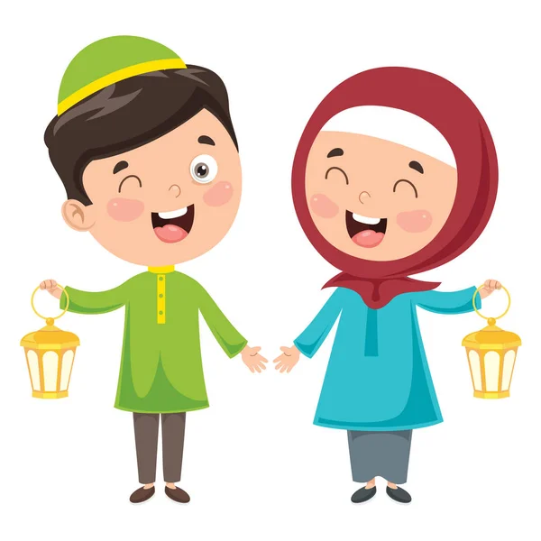 Vector Illustration Muslim Kids Celebrating Ramadan — Stock Vector