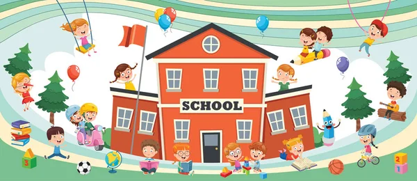 Lustige Schüler Und Schulgebäude — Stockvektor