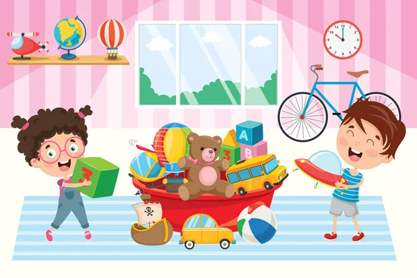 Szczęśliwe Dzieci Bawi Się Zabawkami — Wektor stockowy