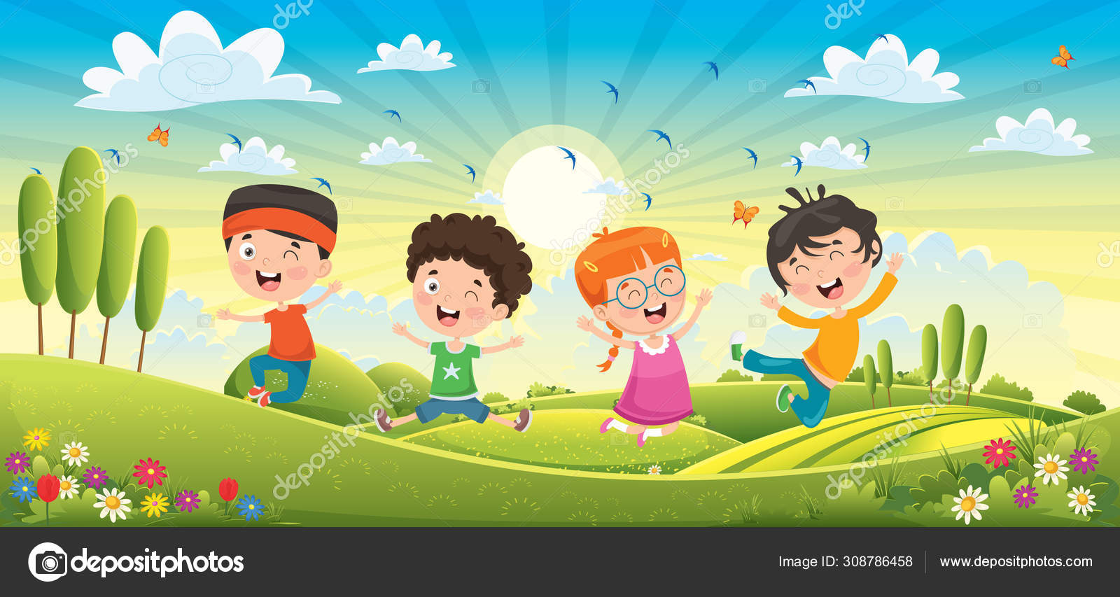 孩子们在春天的风景中玩得开心图库矢量图©helime_demirci 308786458, image size:1600x853