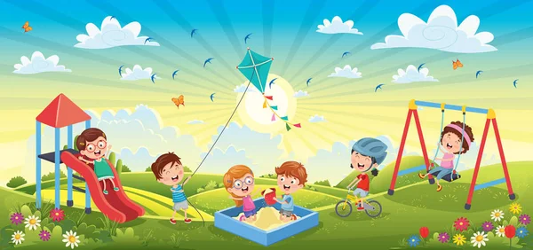 Niños Divirtiéndose Paisaje Primavera — Vector de stock