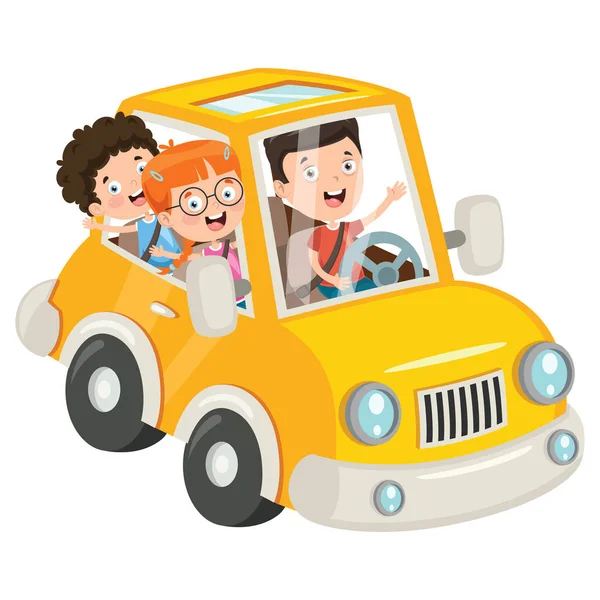 Kinderen Reizen Met Een Grappige Auto — Stockvector