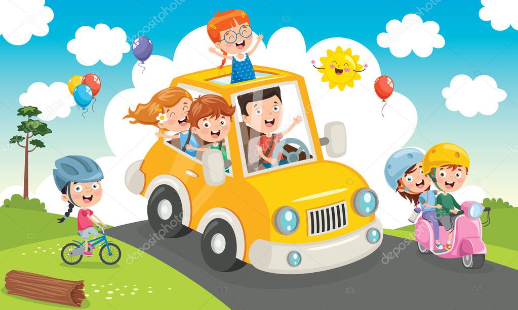 Children Travelling With A Funny Car