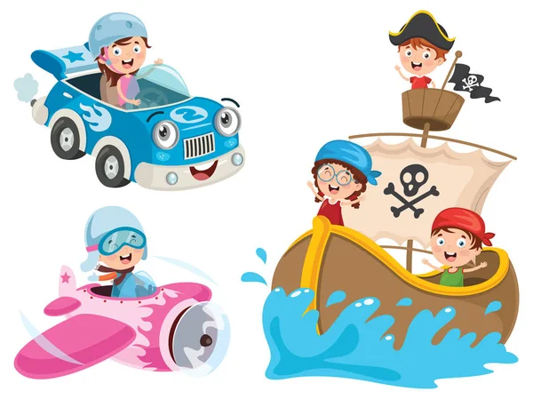 Enfants Utilisant Voiture Bateau Pirate Avion — Image vectorielle