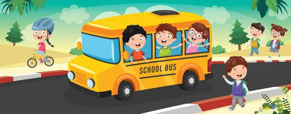 School Children Going School Bus — Stock Vector
