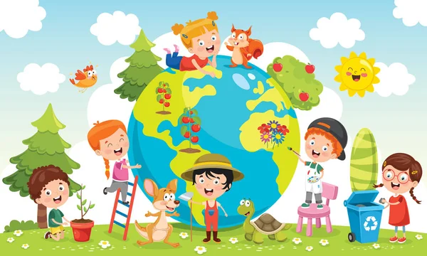 地球と遊ぶ子供たち — ストックベクタ