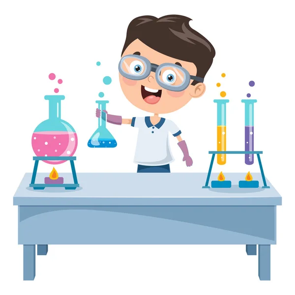 Malý Student Dělá Chemické Experimenty — Stockový vektor