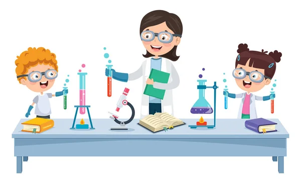 Маленькие Студенты Проводят Химический Эксперимент — стоковый вектор