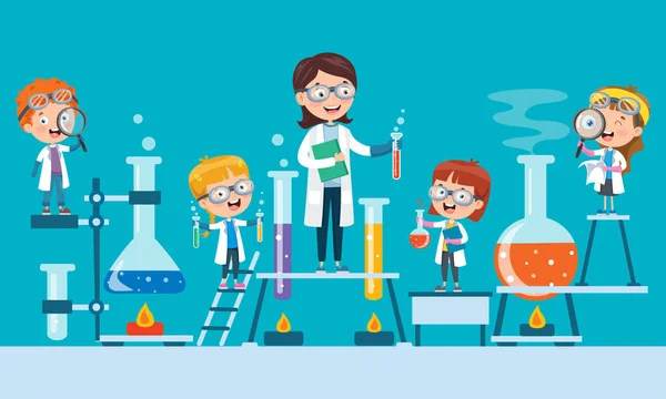 Little Students Doing Chemical Experiment — Stock Vector