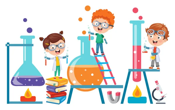 Little Students Doing Chemical Experiment — Stock Vector