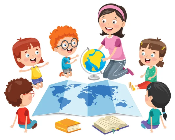 Little School Children Studeren Geografie — Stockvector