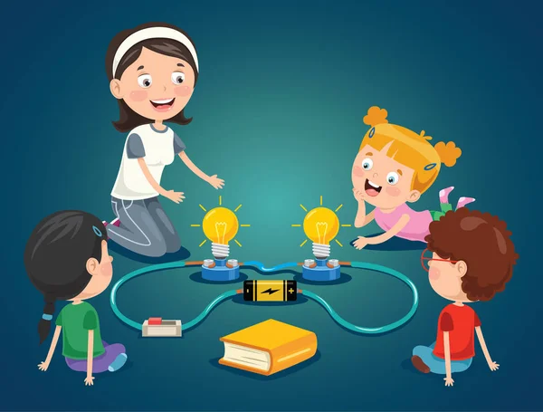 Experimento Simple Del Circuito Eléctrico Para Educación Los Niños — Vector de stock