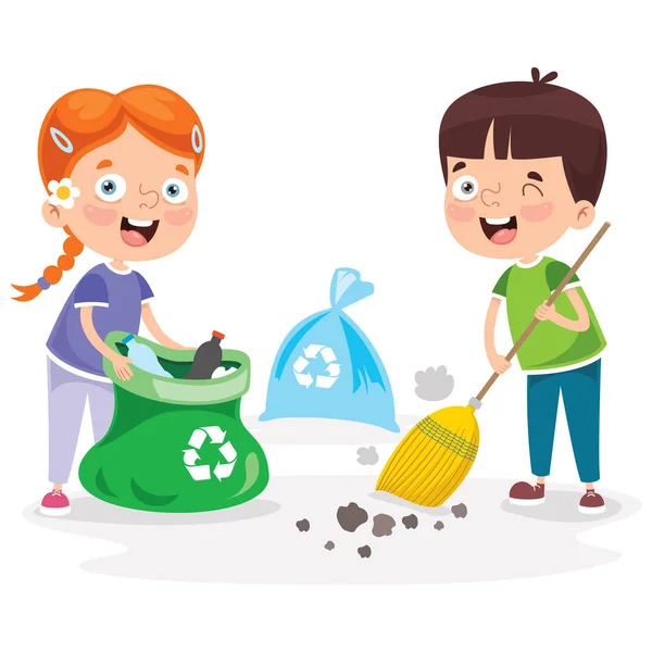 Kleine Kinderen Schoonmaken Recycling Vuilnis — Stockvector