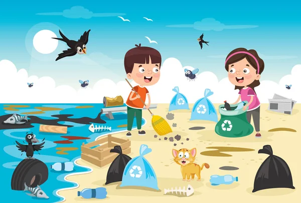 Plajı Temizleyen Küçük Çocuklar — Stok Vektör