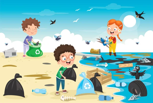 Plajı Temizleyen Küçük Çocuklar — Stok Vektör