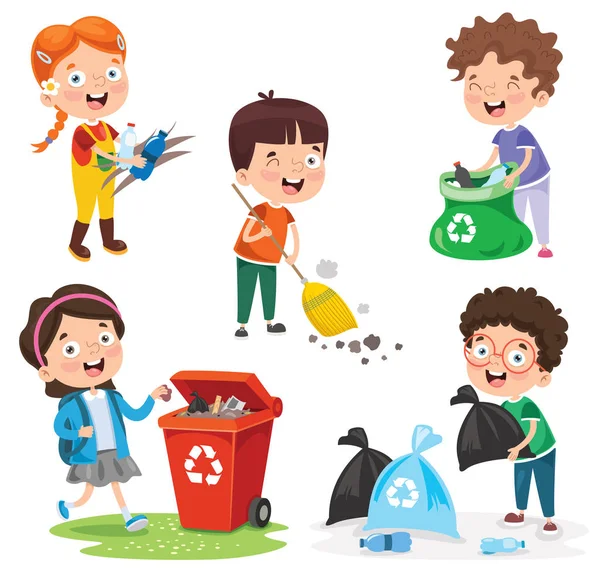 Kleine Kinderen Schoonmaken Recycling Vuilnis — Stockvector