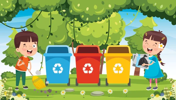 Little Children Cleaning Recycling Garbage — Stock Vector