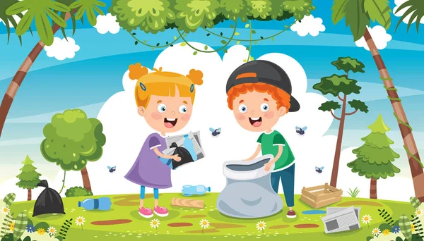 Kleine Kinder Reinigen Und Recyceln Müll — Stockvektor