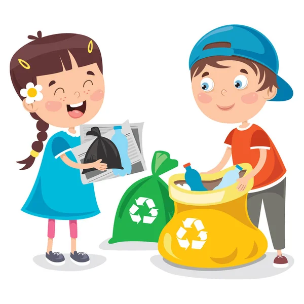 Little Children Cleaning Recycling Garbage — Stock Vector