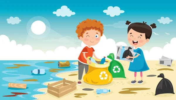 Małe Dzieci Sprzątanie Plaży — Wektor stockowy