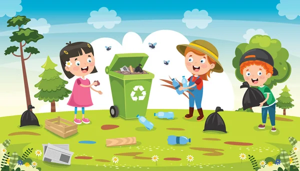 Çöp Temizleme Geri Dönüşüm Küçük Çocuklar — Stok Vektör