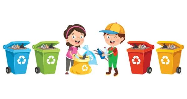 Pequeños Niños Limpiando Reciclando Basura — Vector de stock