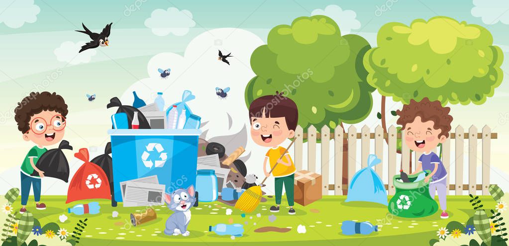 Little Children Cleaning And Recycling Garbage