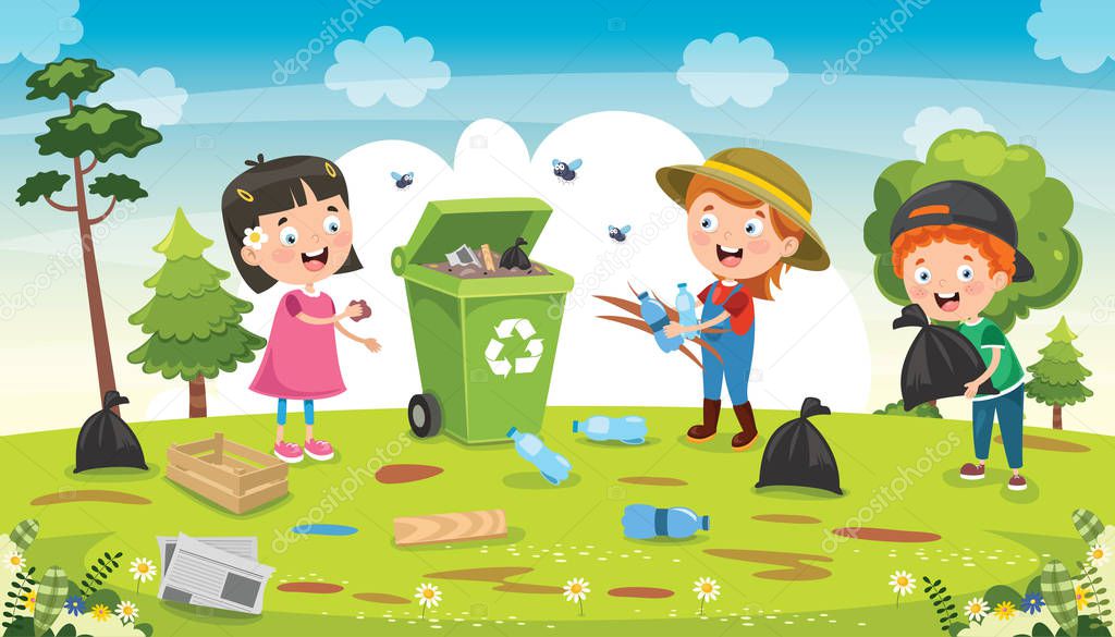 Little Children Cleaning And Recycling Garbage