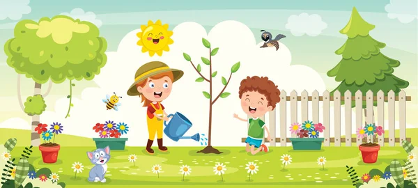 Kleine Kinderen Tuinieren Planten — Stockvector