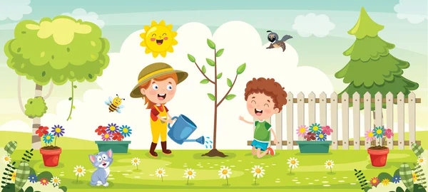 Little Children Gardening Planting — Stock Vector