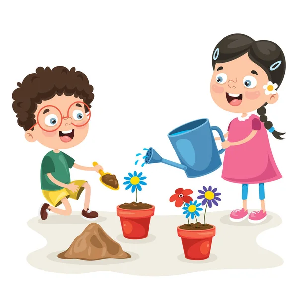 Little Children Gardening Planting — Stock Vector