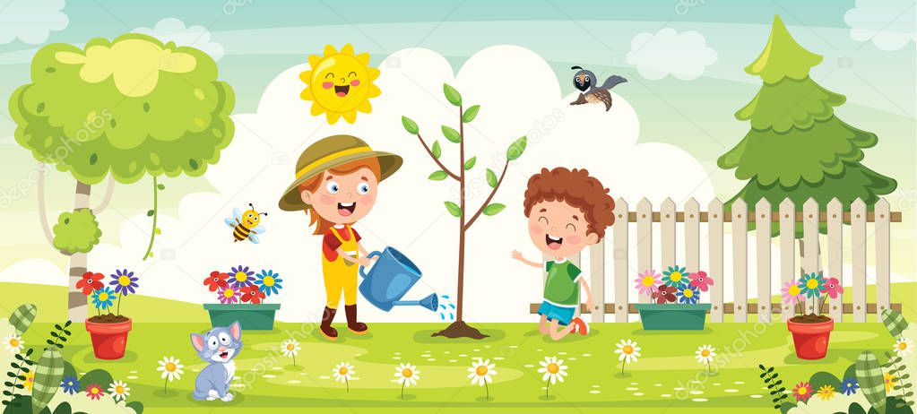 Little Children Gardening And Planting